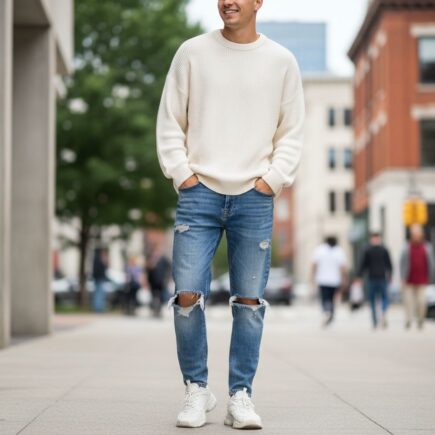 mladý muž v trendových poškodených boyfriend džínsoch stojaci vonku v mestskom prostredí počas dňa