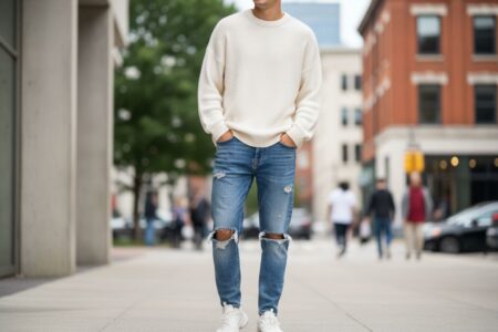 mladý muž v trendových poškodených boyfriend džínsoch stojaci vonku v mestskom prostredí počas dňa