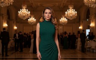 Elegantná žena v koktejlových šatách stojaca v osvetlenej sále s lustrami v pozadí.