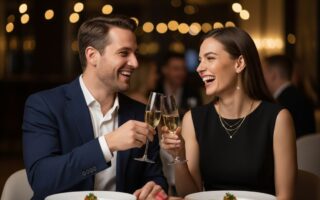 Muž a žena oslavujú 40. narodeniny v elegantnej reštaurácii, pripíjajú si a smejú sa.